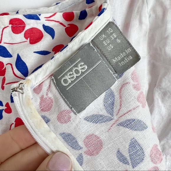 ASOS Linen Cherry Print Linen Mini Dress 6 Red White Blue - Picture 7 of 9